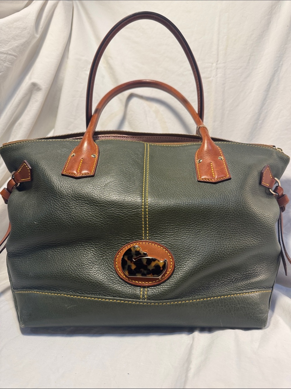 Olive Green vintage Dooney and Bourke Leather Tote with Tan Trim